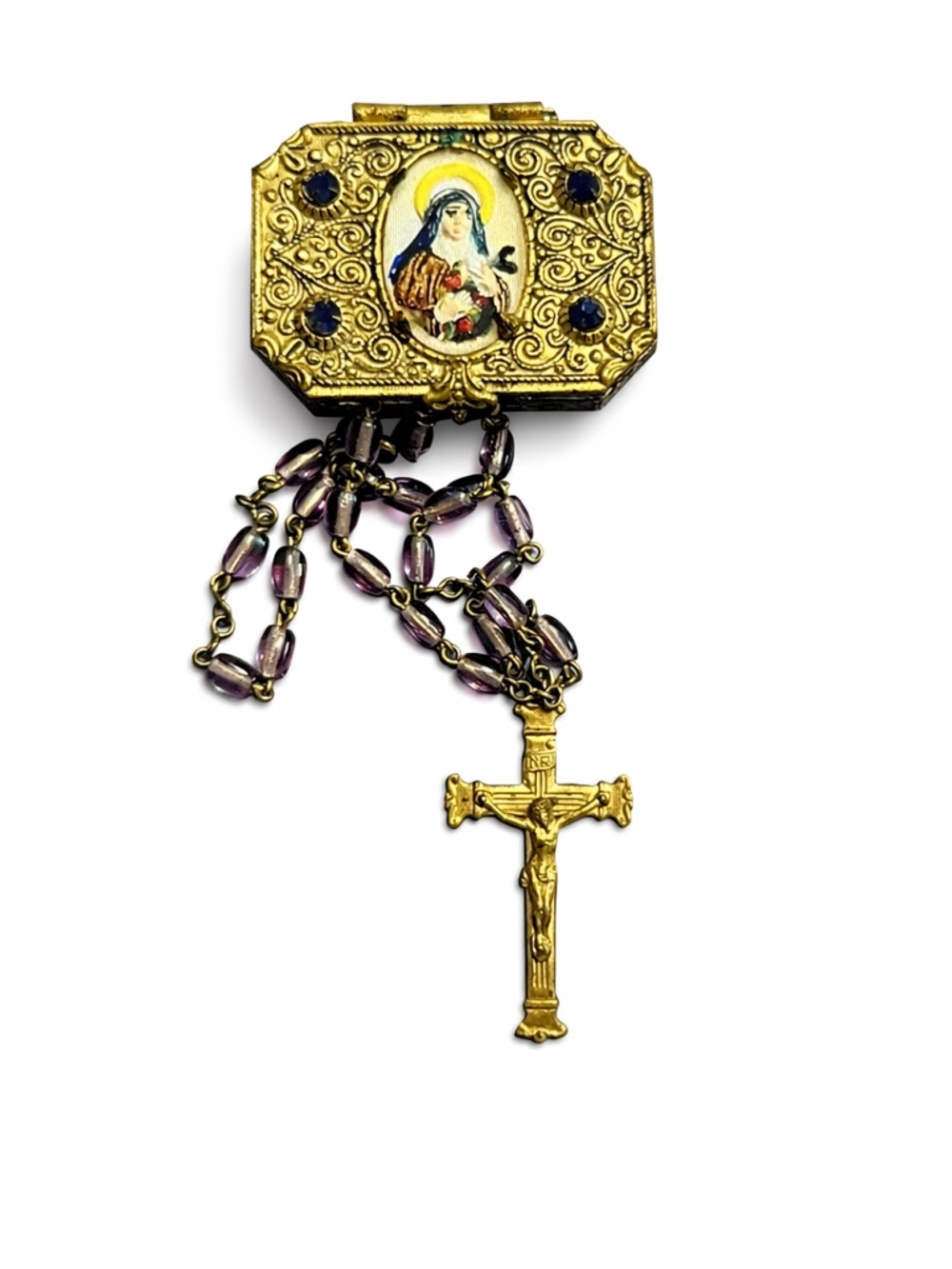 ✝️ Vintage Saint Thérèse Reliquary Rosary | Gilt Brass Enamel | Antique Catholic